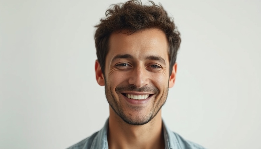Smiling curly-haired man in casual shirt, close-up portrait.