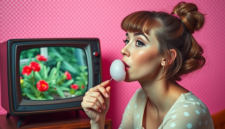 Young woman watching gardening show, vibrant pop-art style TV scene.