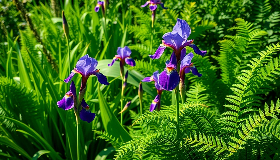 Vibrant garden with irises and ferns for home gardening.
