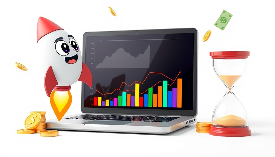 3D illustration of product launch symbols with rocket and laptop.