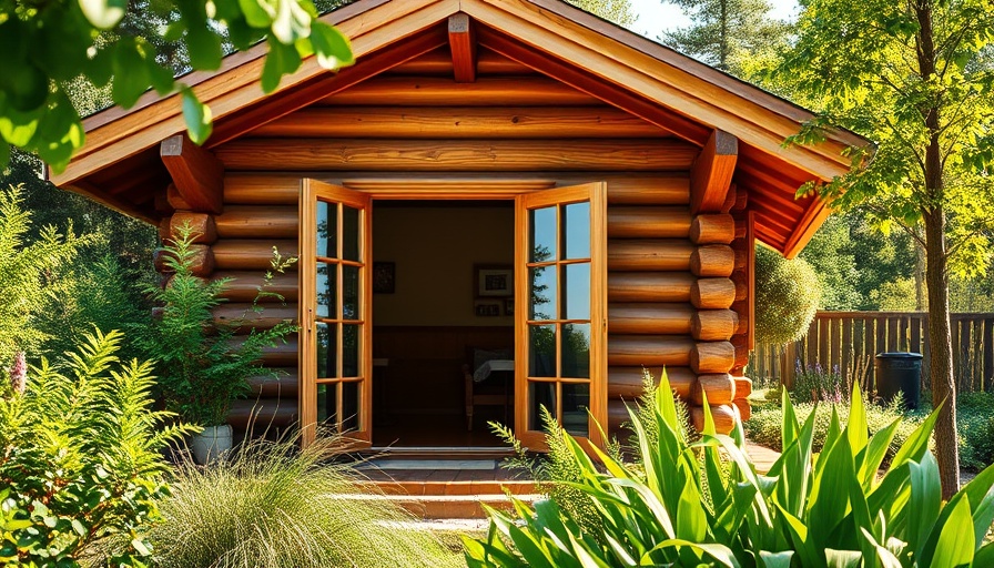 Modern wooden log cabin in backyard garden