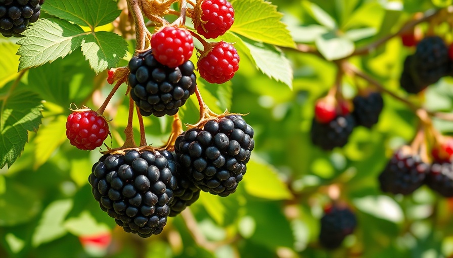 Lush ripe blackberries in a vibrant garden with green leaves.