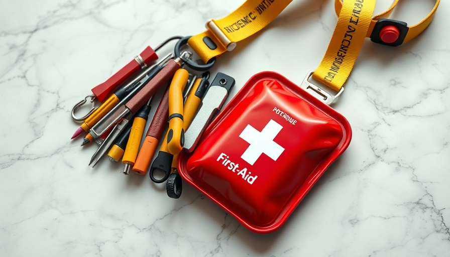 Colorful Bug-Out Lanyard with tools and first aid kit on marble.