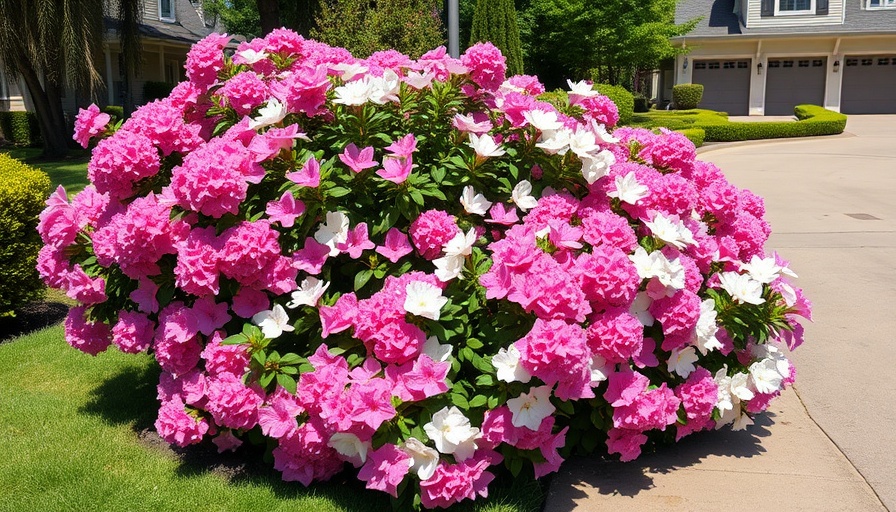 Vibrant home gardening scene with flowering bushes beside driveway.