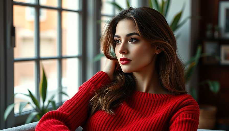 Elegant female in red sweater, relaxed pose indoors.
