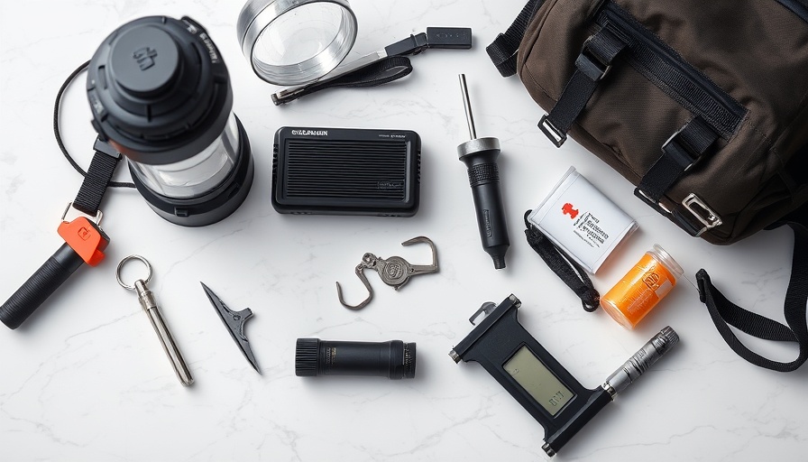 Emergency preparedness steps kit with tools on marble.