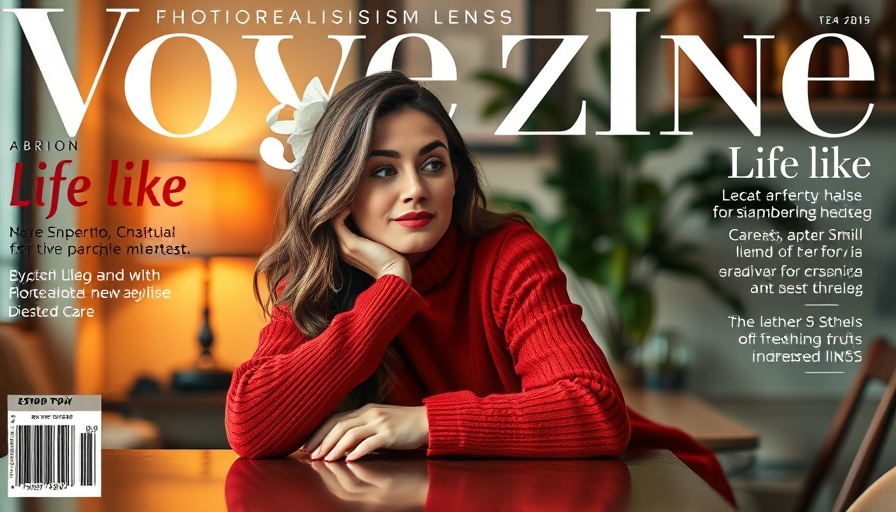 Magazine cover with woman in red sweater, photorealistic.