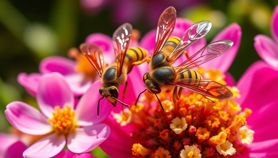 Vibrant wasps in the garden around blooming flowers.