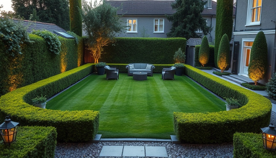Chic garden design with seating, lights, and greenery.