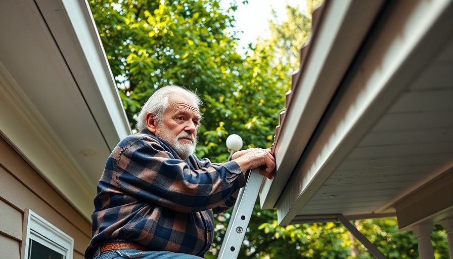 Older man performing annual home maintenance tasks on ladder.