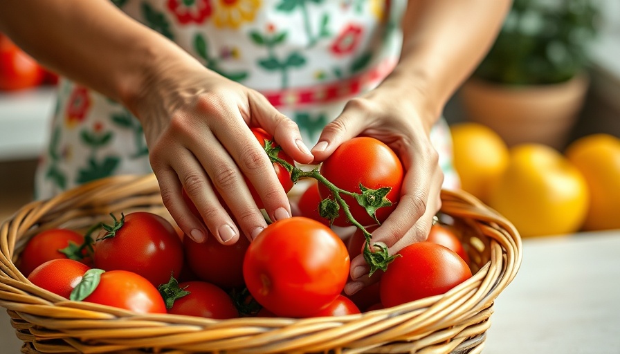 Close-up of hands placing tomatoes in basket in a kitchen. Growing Sweet Tomatoes.