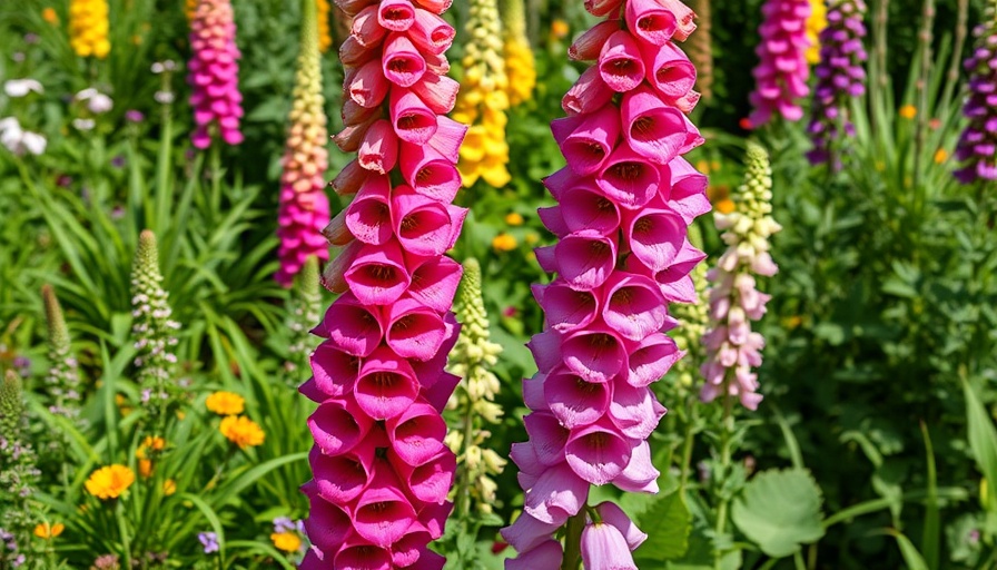 Vibrant foxglove flowers blooming in a lush garden environment.