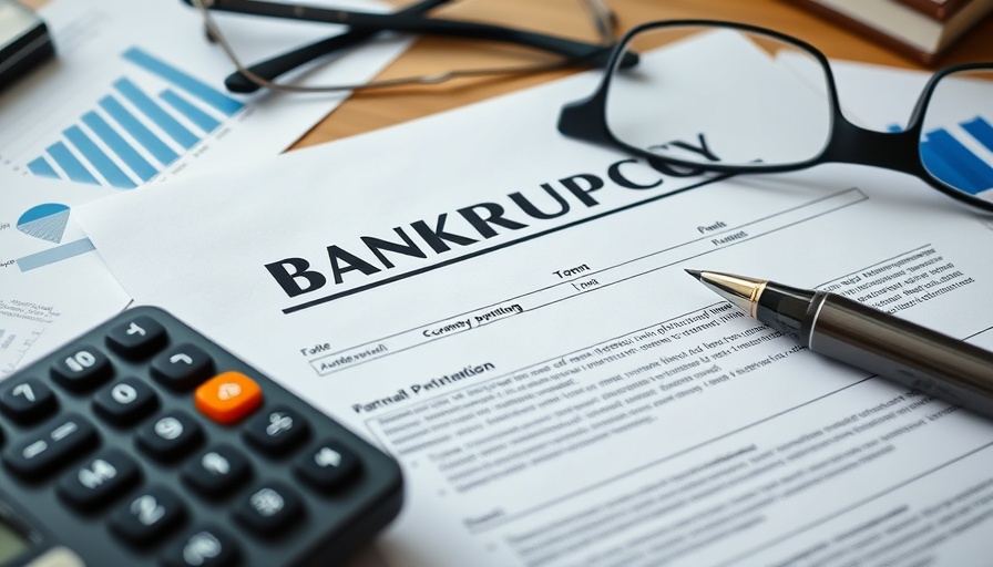 Close-up of bankruptcy petition with calculator and glasses.