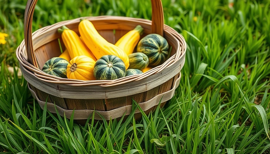Freshly harvested squash in a basket on grass.