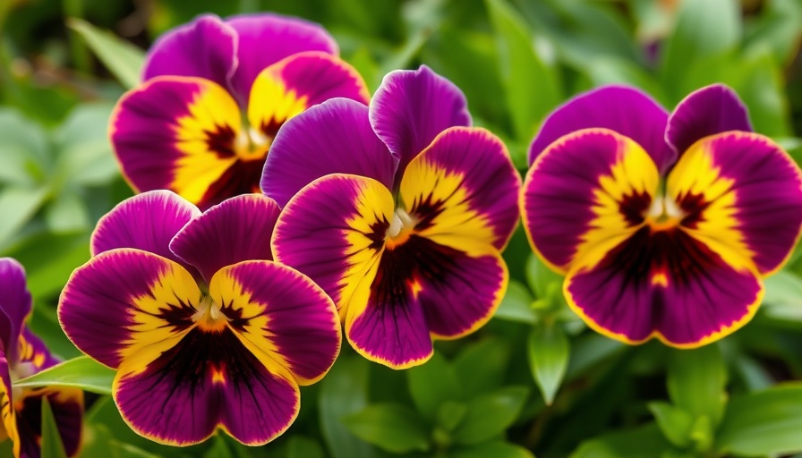 Best pansy varieties with vibrant purple and yellow petals in a garden.
