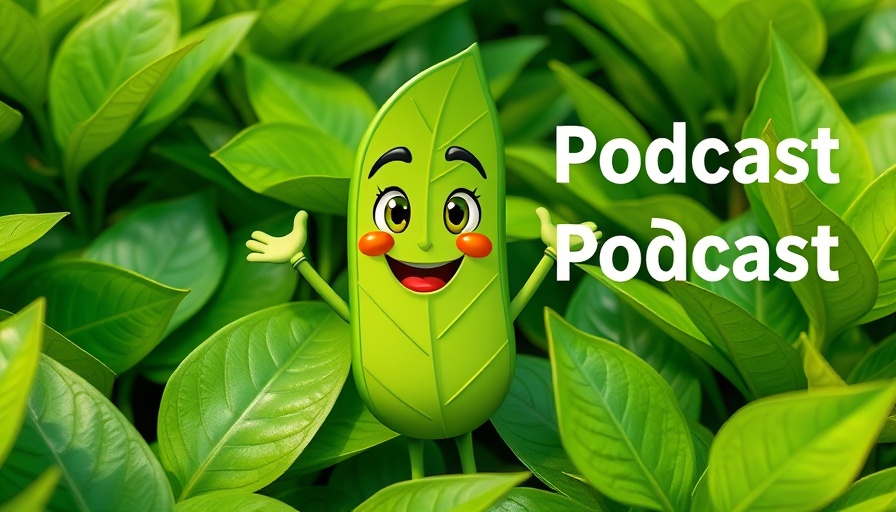 Home gardening with bold foliage plants podcast illustration featuring a cartoon leaf character.