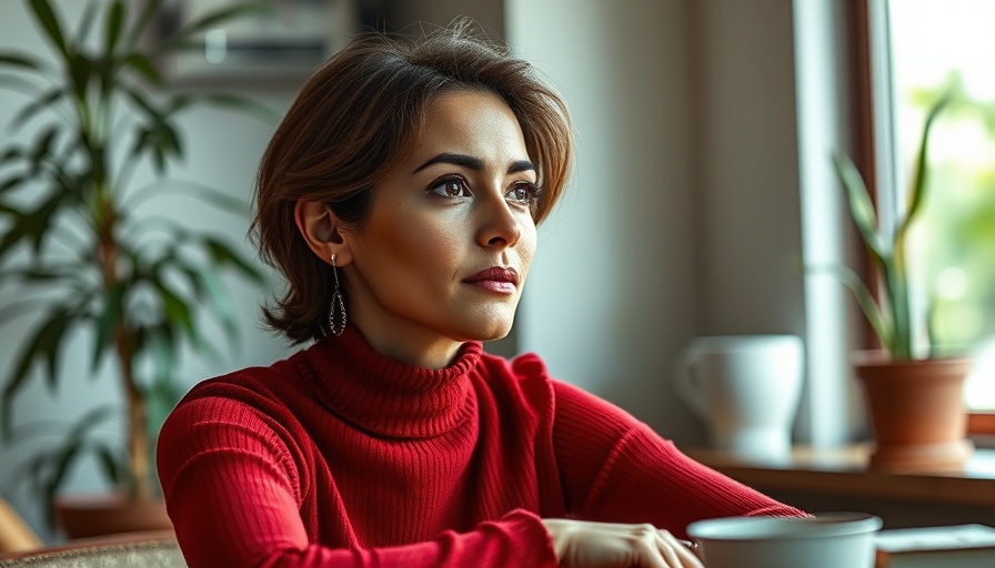 Thoughtful woman in red turtleneck indoors, funding cuts context.