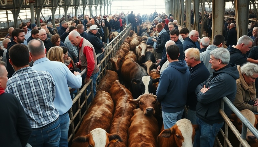 Cattle sales gathering with people observing, indoor market.
