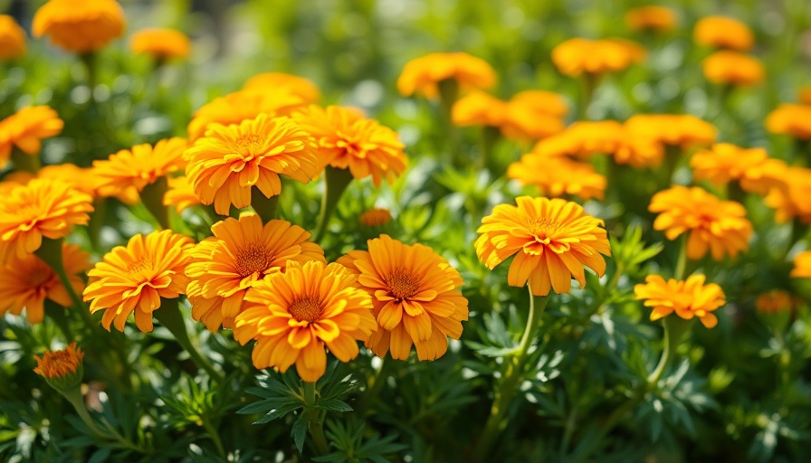 Vibrant marigolds in sunlight with lush foliage.