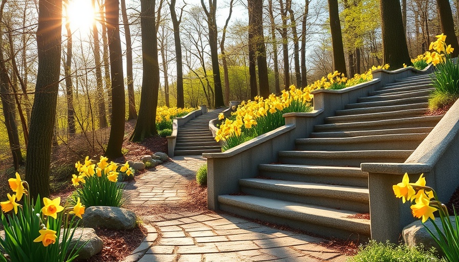 Sunlit garden path with blooming daffodils in home gardening.