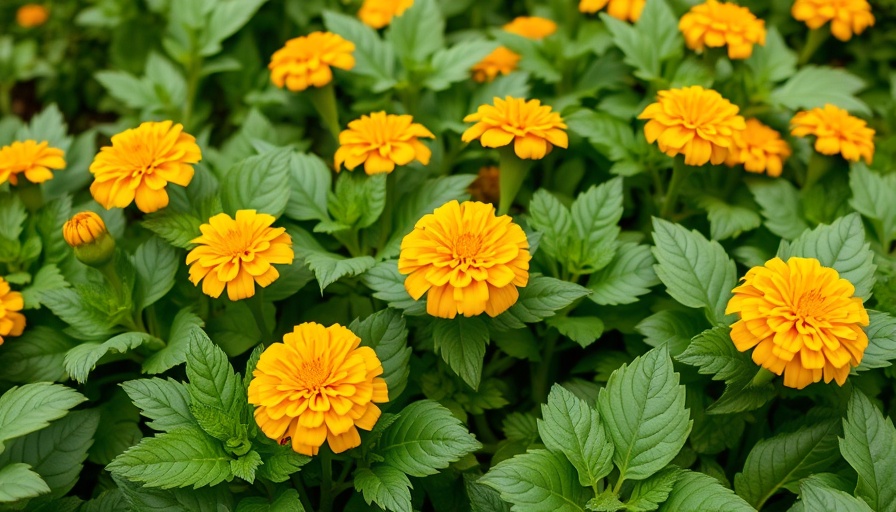 Trap cropping pest control with marigolds among leafy greens.
