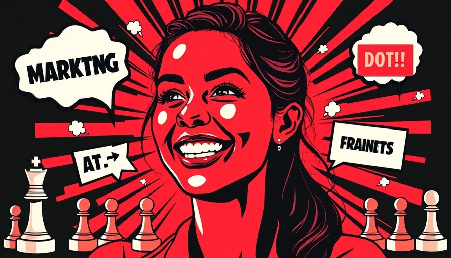 Humorous pop-art style image of B2B marketing with smiling woman, chess elements.