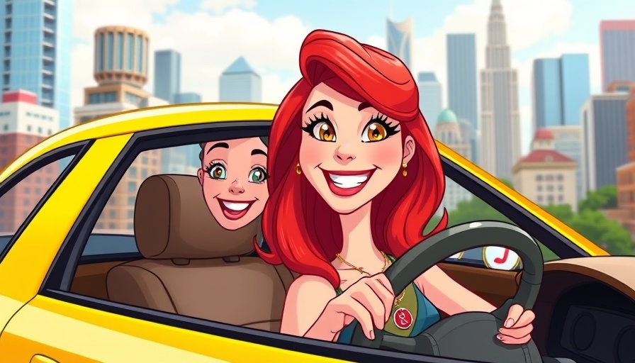 Cartoon of woman driving in a city for company driving policy review.