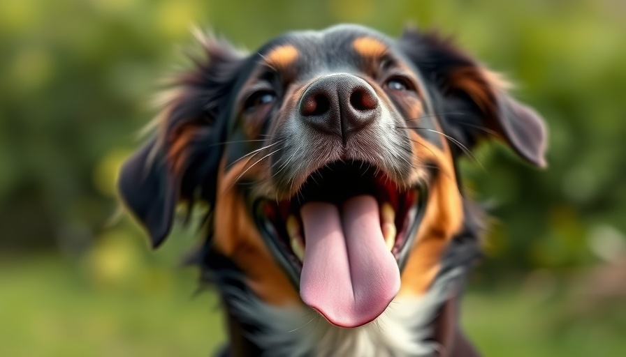 Smiling farm dog outdoors, bright green background