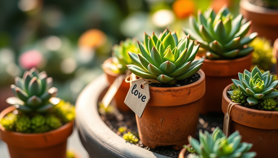 Succulents in clay pots with 'love' tags, ideal for planting tips.