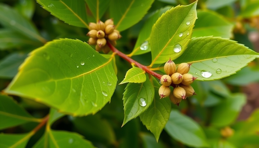 Close-up of bay laurel seeds and leaves.
