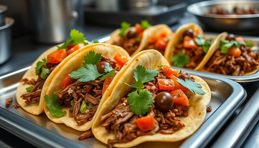 Sweet pulled pork tacos with fresh toppings served on trays.