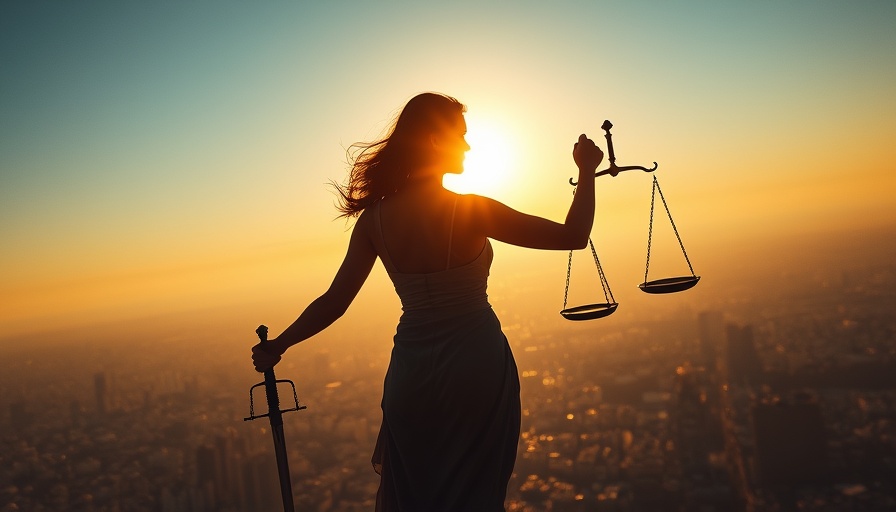 Silhouette symbolizing justice with sword and scales at sunrise, environmental sustainability quotes.