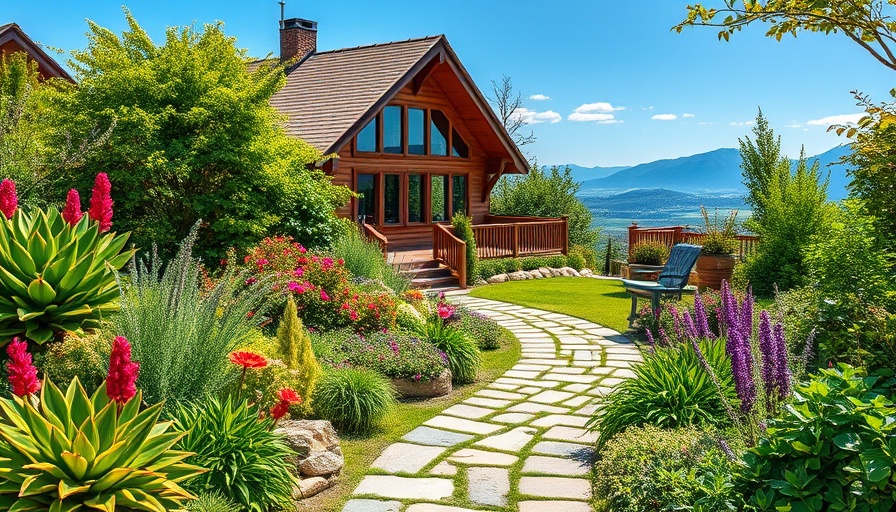 Vibrant home garden with a stone path and wooden deck; home gardening.