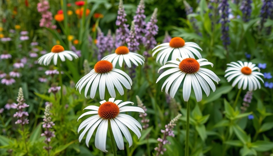 Lush garden with coneflowers promoting sustainable gardening practices