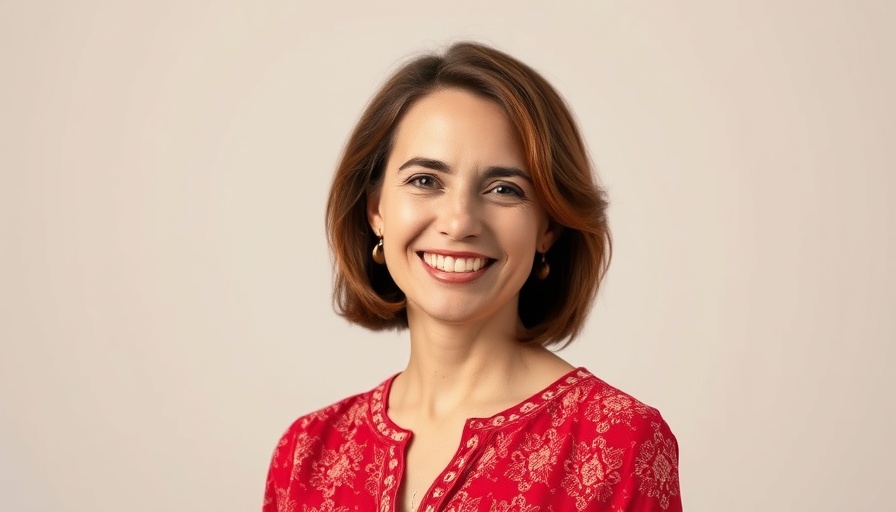 Smiling woman embodying 'Action Beats Perfection' in red blouse.