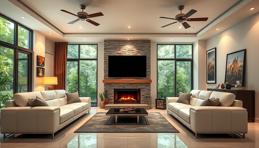 Modern living room with fireplace and ceiling fans.