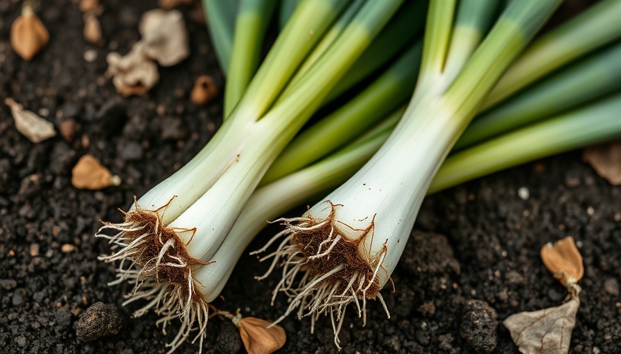 Close-up of leeks with roots in a garden bed