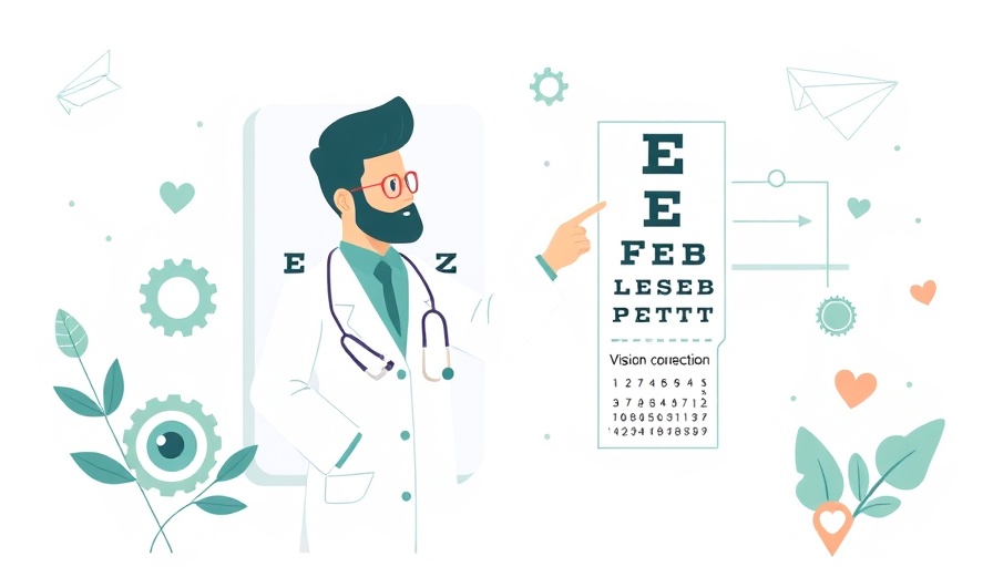 Illustration eye chart with doctor addressing eye strain, workplace productivity theme.