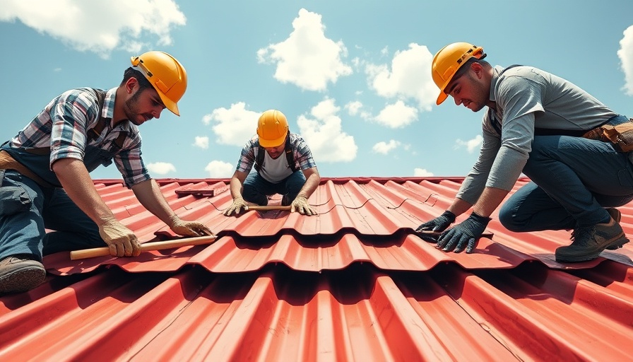 Professional roofers install red metal sheets on roof.