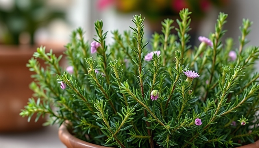 Lush rosemary plant with pink flowers in a container