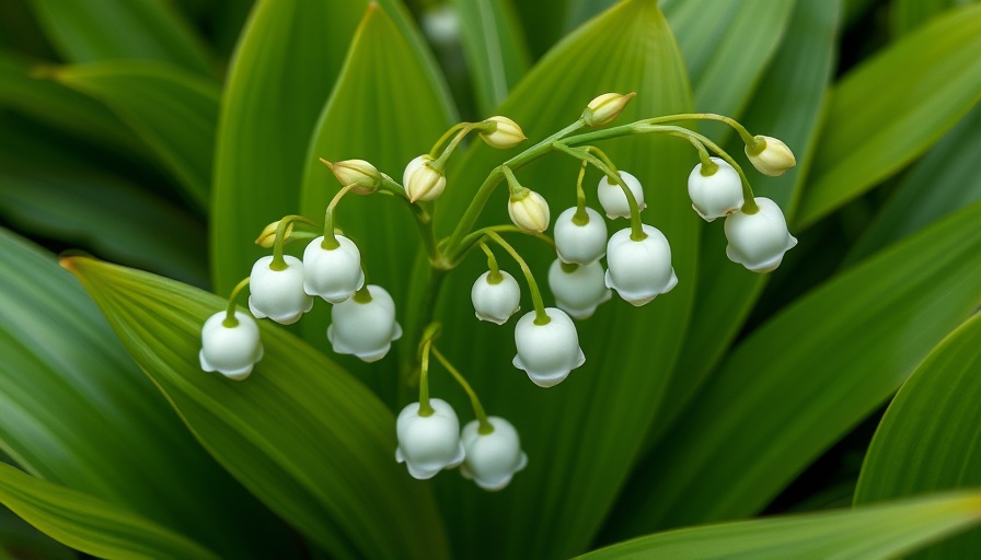 Delicate white lily of the valley flowers among green leaves, photorealistic.