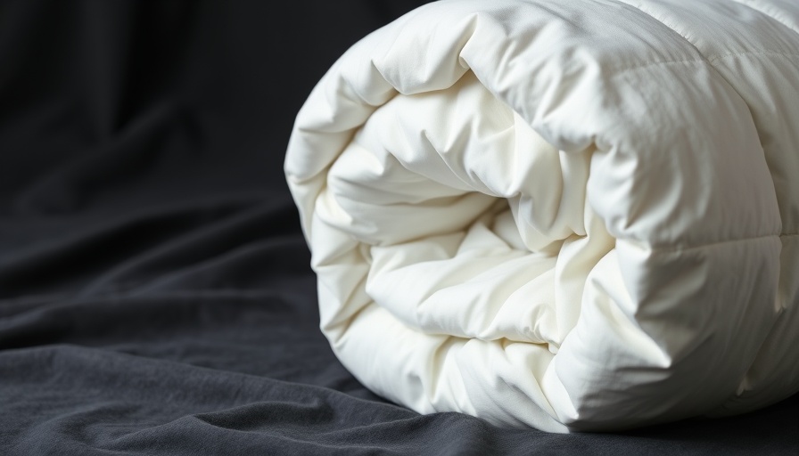 Recycled down comforter rolled neatly on a dark couch.