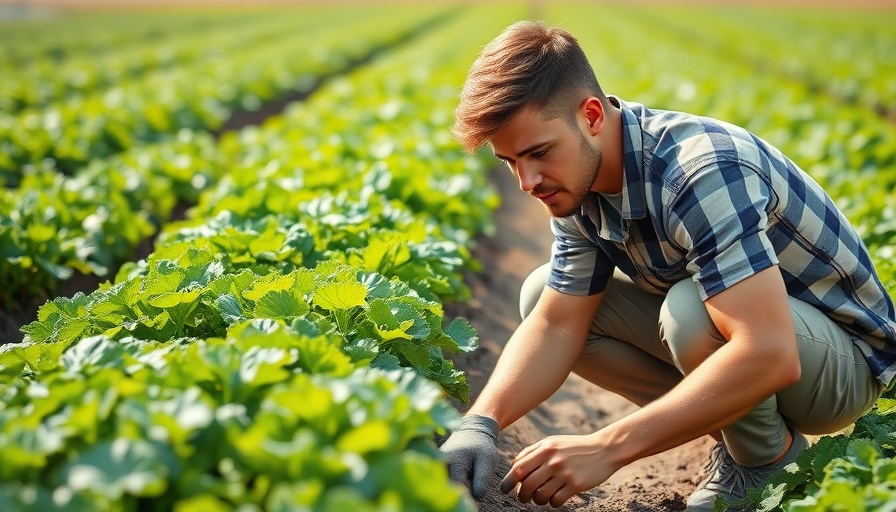 Young man creates your organic garden, tending plants.