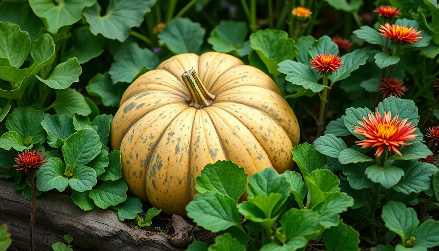 Companion plants thriving around a pumpkin in a lush garden.
