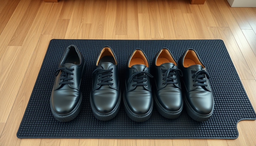 Four pairs of black shoes on mat symbolizing growth.
