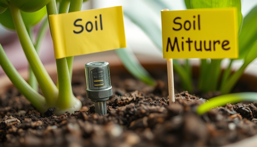 Soil moisture sensor next to a plant with a 'Soil Moisture' flag.