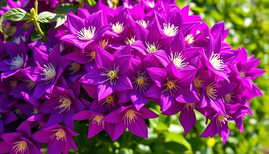 Vibrant deep purple clematis flowers with lush green leaves