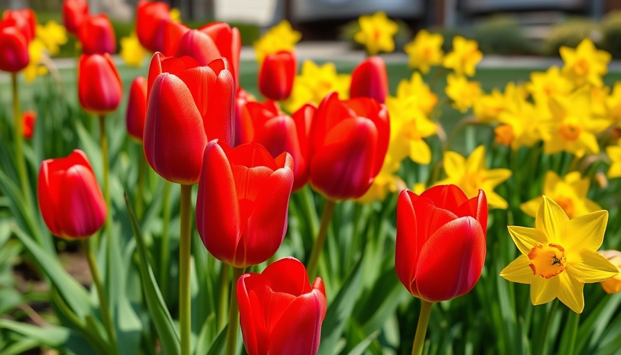Home gardening scene with tulips and daffodils.