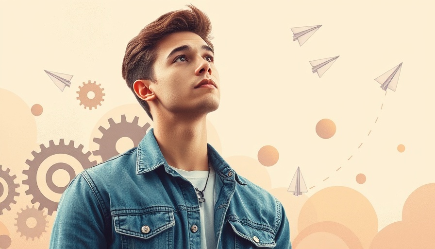 Contemplative man with gears and paper plane, future of SEO concept.