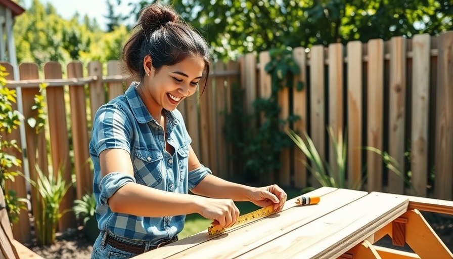 Young woman measuring wooden planks in garden DIY project.